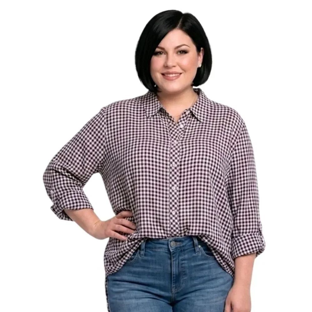 Talbots Gray & Pink Plaid Roll Tab Sleeve Button Down Shirt Size 2X NWOT